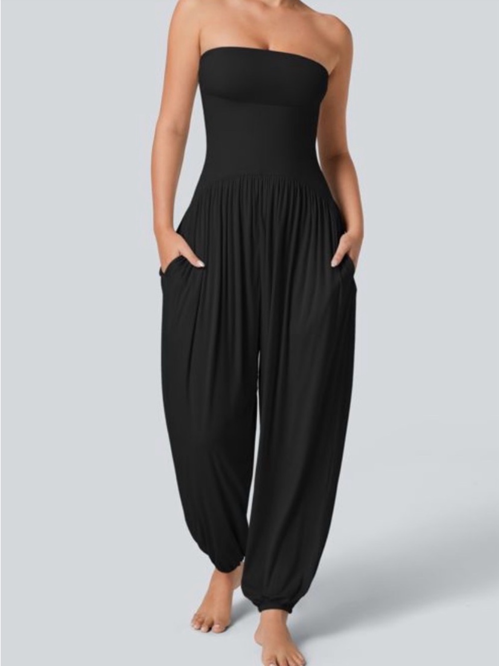 Ribbed Tube Backless Side Pocket Casual Jumpsuit